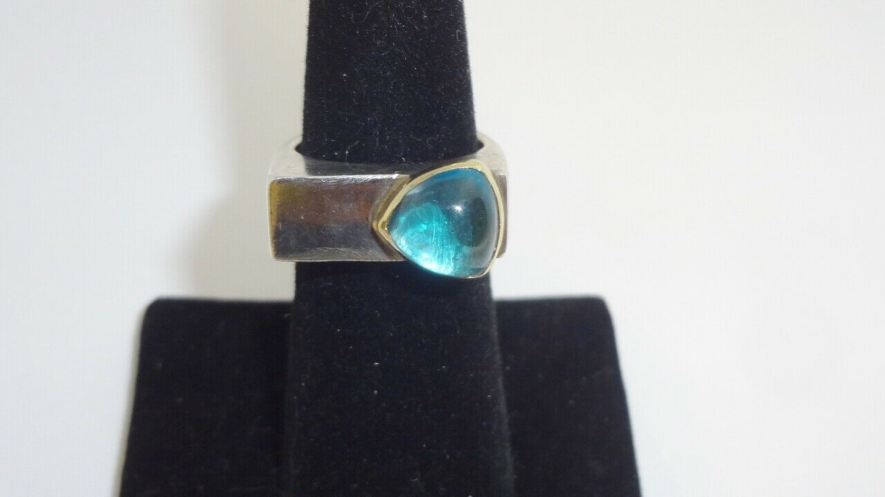 Rigoberto Sterling Silver 14k Yellow Gold Blue Topaz Modernist Ring Size 6.75